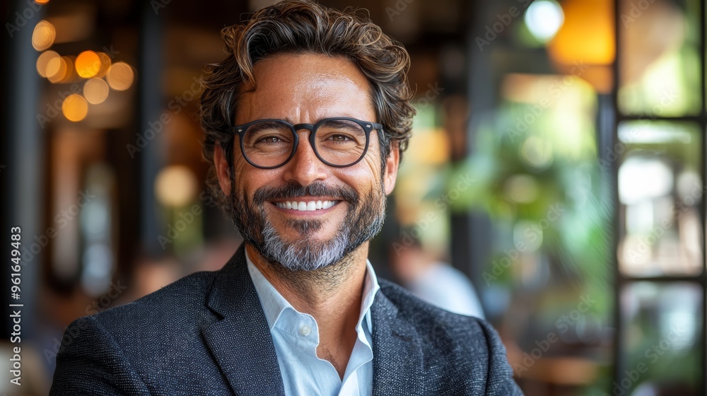 Fototapeta premium Professional man smiling warmly in a cafe with a modern ambiance and natural light during the daytime