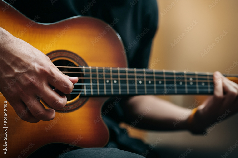 Man's hand playing guitar, close-up Man's hand playing guitar, close-up