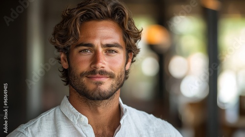 Young man with curly hair smiles confidently in a casual setting, showcasing relaxed atmosphere during daylight