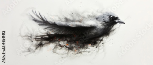  A painting of a black-and-white bird with orange spots on its wing feathers photo