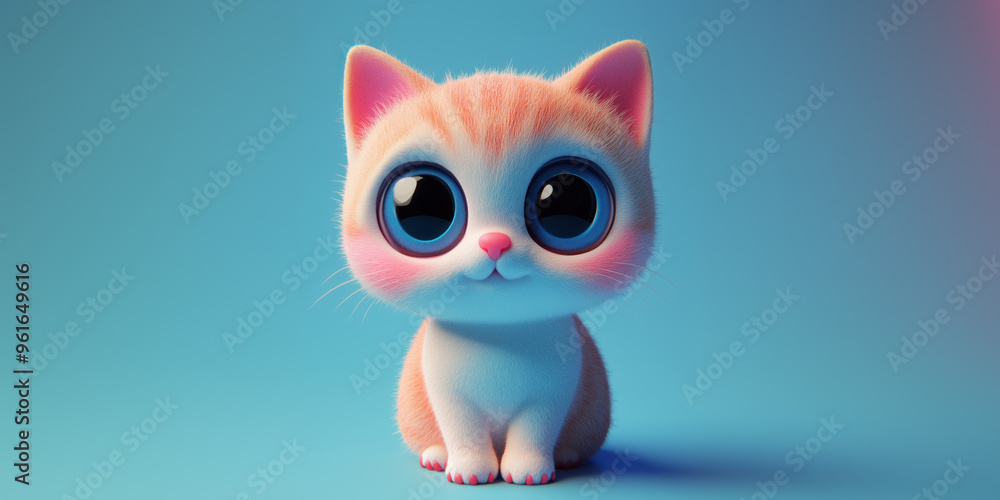 Fototapeta premium The cutest little fluffy kitten, tiny cat with adorable big blinking eyes in solid color background, surreal, 3D cartoon animation style for children animation movie film character development concept