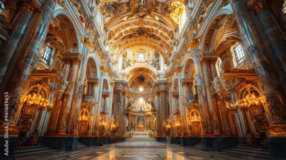 Fototapeta premium A stunning and intricately detailed interior shot of a grandiose, ornately decorated cathedral with elaborate golden accents and majestic architectural features