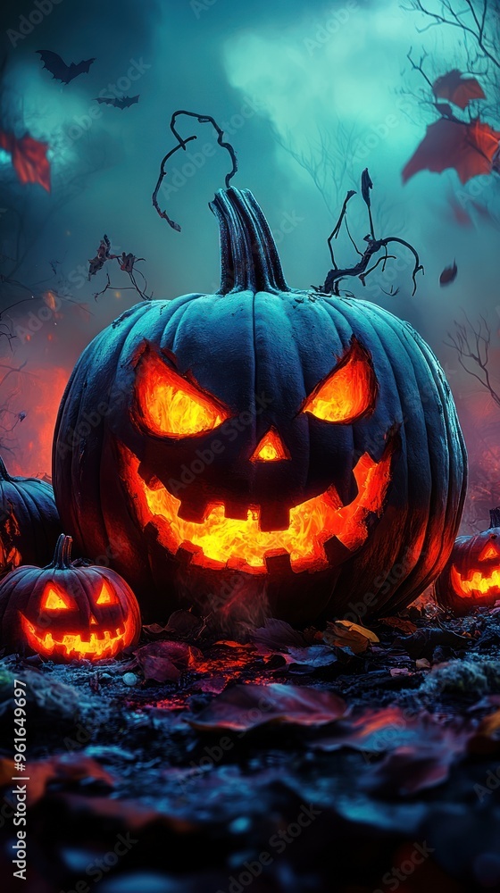 Fototapeta premium Glowing Jack o Lanterns in a spooky forest night scene