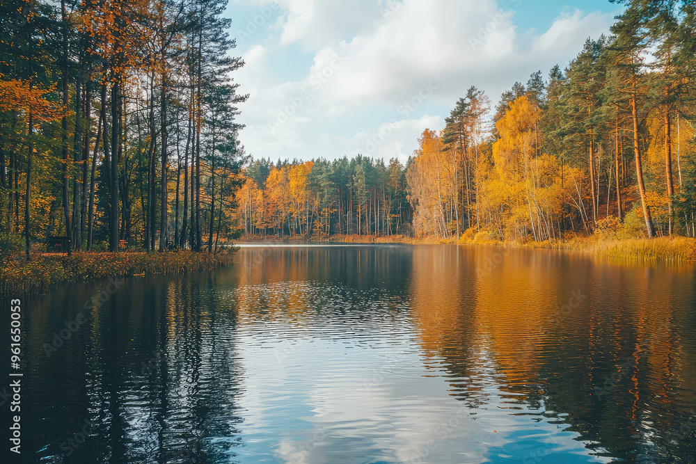 Fototapeta premium Serene autumn lake, reflecting golden trees, a tranquil scene. A whisper of wind rustles the leaves, inviting peace.