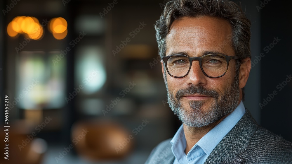 Fototapeta premium Confident middle-aged man with glasses smiles warmly in a modern cafe during the afternoon