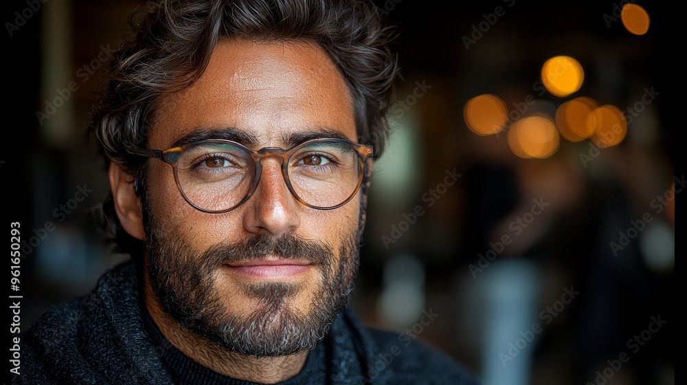 Close-up portrait of a man with glasses and a beard in a cozy café setting surrounded by warm lighting during the evening Close-up portrait of a man with glasses and a beard in a cozy café setting surrounded by warm lighting during the evening