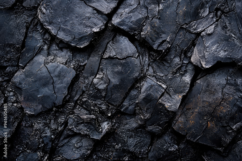 A Close-Up View of Rough, Black Coal, Its Surface Gleaming With a Wet, Reflective Sheen. A Close-Up View of Rough, Black Coal, Its Surface Gleaming With a Wet, Reflective Sheen.