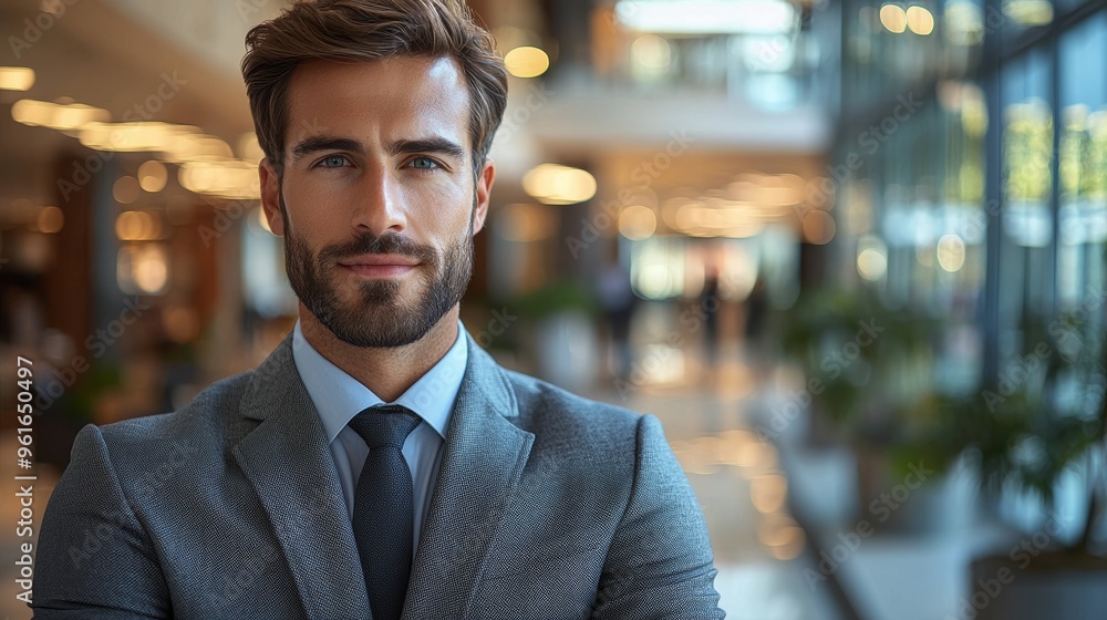A confident young man in a suit stands in a modern office setting, surrounded by blurred business surroundings during the daytime A confident young man in a suit stands in a modern office setting, surrounded by blurred business surroundings during the daytime