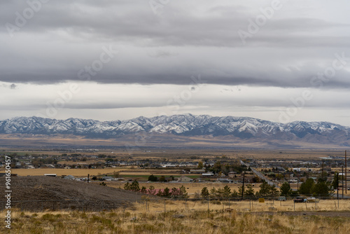 A cloudy and scenic view of the Stansbury Mountain range from Tooele, Utah.