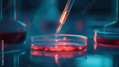 Liquid being poured into glass petri dish by the glass pipette dropper in science research lab with lab equipment and room background