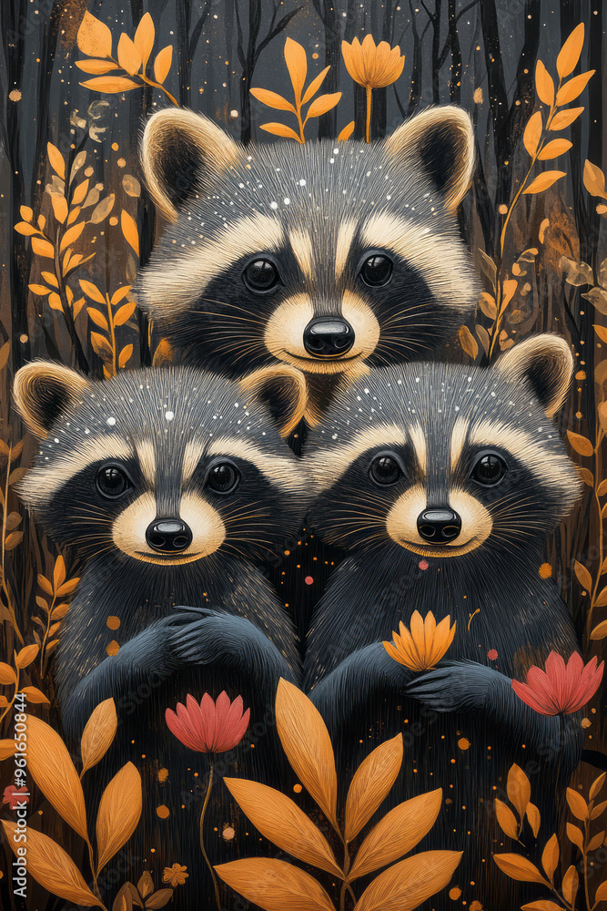 Stylized, abstract raccoons with bioluminescent masks in gray, black, and white, Stylized, abstract raccoons with bioluminescent masks in gray, black, and white,