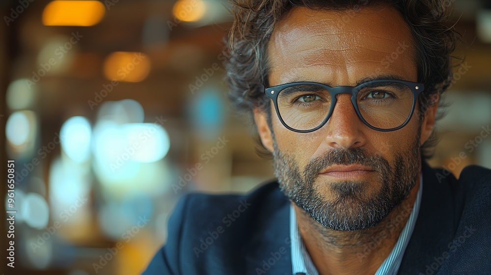 Confident man in glasses seated at a café during the day, showcasing a business casual style and engaging expression while enjoying the atmosphere Confident man in glasses seated at a café during the day, showcasing a business casual style and engaging expression while enjoying the atmosphere