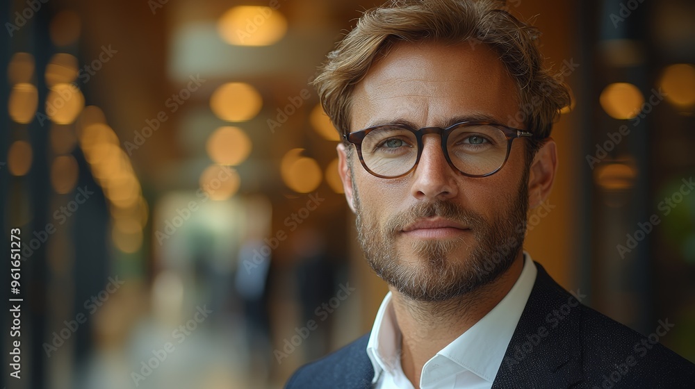 Fototapeta premium A confident man in glasses stands in a modern office space, showcasing a professional appearance during collaboration hours