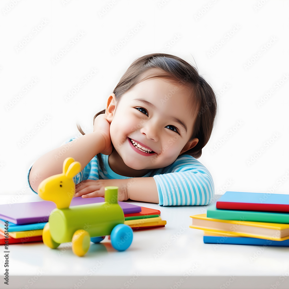 A little girl smiling and sitting at a table, surrounded by toys and books, created by AI A little girl smiling and sitting at a table, surrounded by toys and books, created by AI
