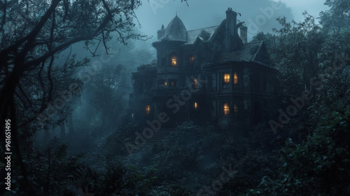 Halloween Haunted Mansion with Flickering Lights and Overgrown Trees 