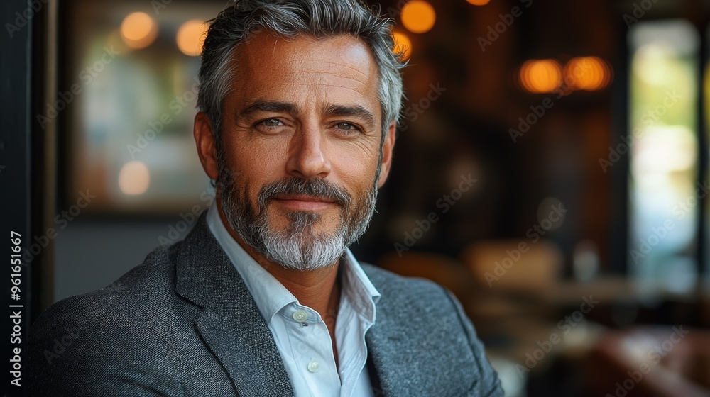 Fototapeta premium A confident man with a beard and gray hair sits in a stylish café during the afternoon