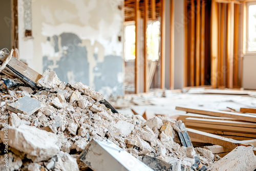 Demolition's Aftermath: A Pile of Construction Debris in a Room Under Renovation. photo