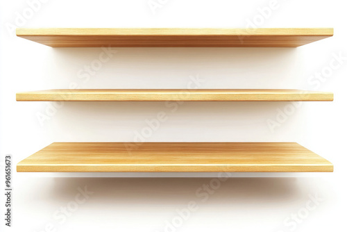 Empty wooden bookshelves isolated on white background