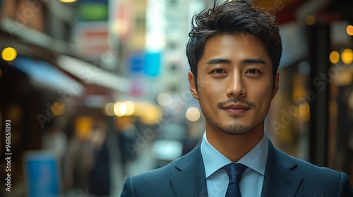 Stylish man standing confidently on a busy urban street during the late afternoon, showcasing modern fashion and city life