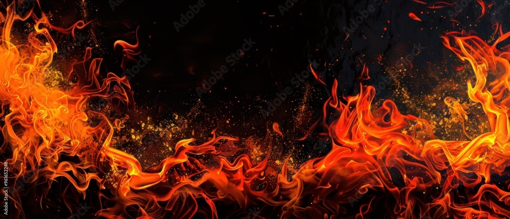 Orange flames with flying sparks on black background Orange flames with flying sparks on black background