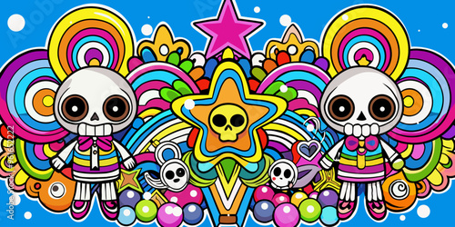 Abstract colorful graffiti background with skeleton characters. Colorful doodle illustration of skeletons