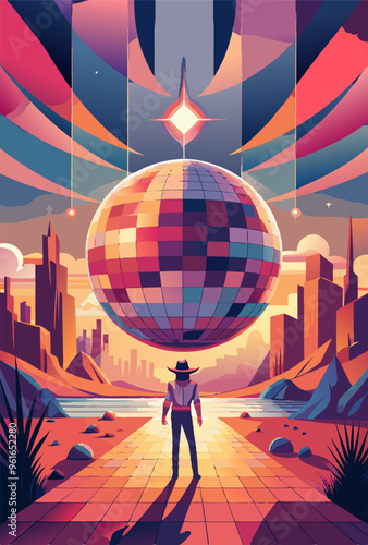 A man stands in front of a disco ball in the desert, under the vast sky