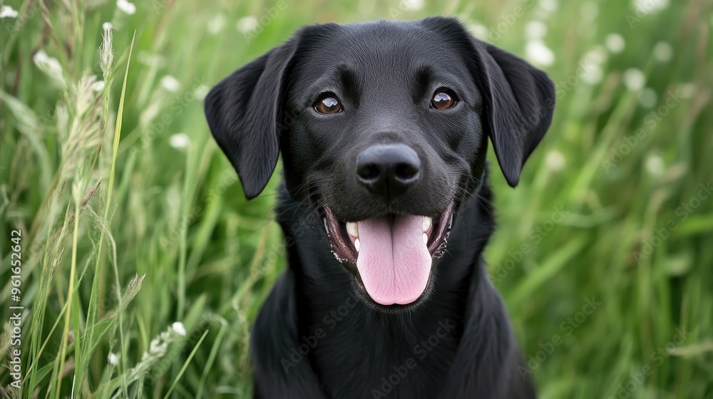 Happy Black Labrador Retriever Enjoying Nature in a Flower Meadow Happy Black Labrador Retriever Enjoying Nature in a Flower Meadow