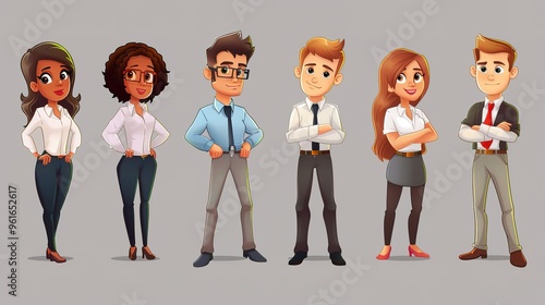 Cartoon business white - collar worker characters are busy in the office. They are wearing formal suits and ties, with briefcases in their hands. They are discussing work matters, showing professional photo