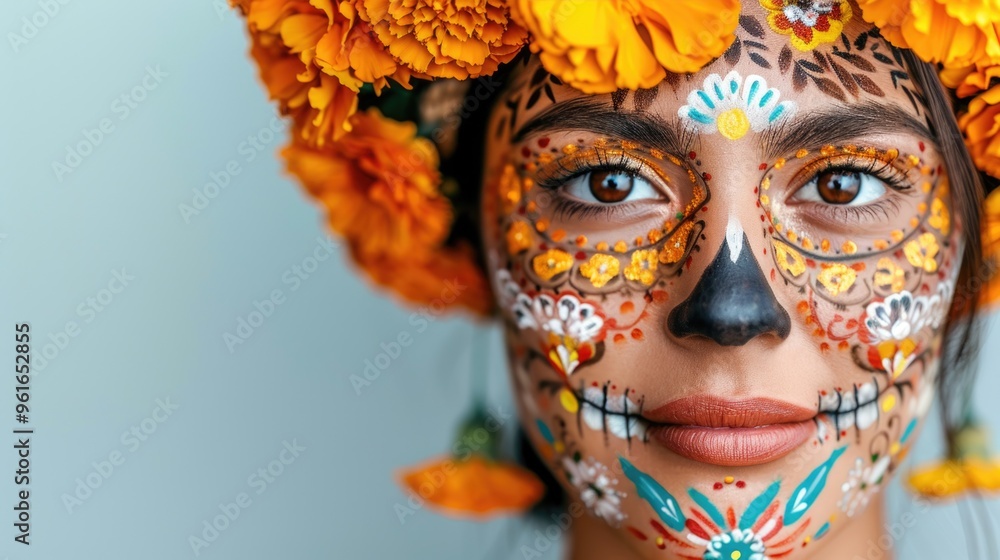 Vibrant Day of the Dead Celebration Makeup with Floral Headpiece Vibrant Day of the Dead Celebration Makeup with Floral Headpiece