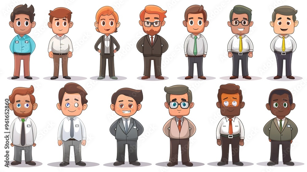 Cartoon business white - collar worker characters are busy in the office. They are wearing formal suits and ties, with briefcases in their hands. They are discussing work matters, showing professional Cartoon business white - collar worker characters are busy in the office. They are wearing formal suits and ties, with briefcases in their hands. They are discussing work matters, showing professional