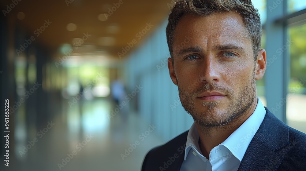 Confident young man in a suit stands in a modern office hallway during daylight, showcasing professionalism and poise Confident young man in a suit stands in a modern office hallway during daylight, showcasing professionalism and poise