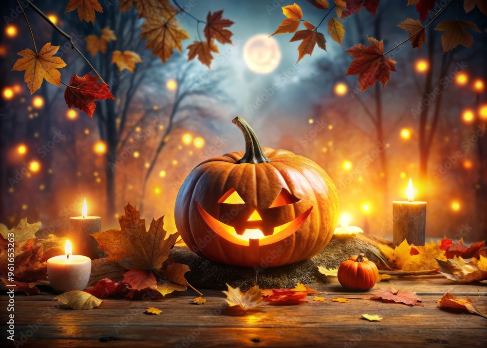 Fototapeta premium -halloween night poster glowing jack o lantern mood autumn colors warm cozy style