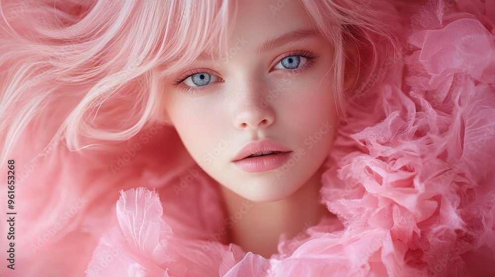 Naklejka premium Graceful woman with pink flowing hair, dressed in a pink ruffled gown, striking blue eyes, posing elegantly against a vivid pink backdrop, exuding softness and allure