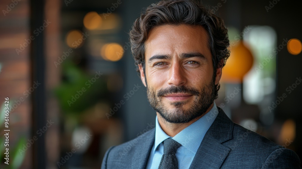 A confident man in a tailored suit stands smiling in a modern office setting during a bright afternoon A confident man in a tailored suit stands smiling in a modern office setting during a bright afternoon