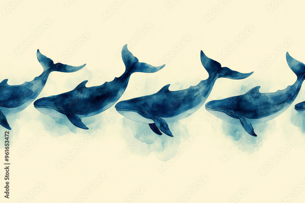 Obraz premium A composition of overlapping whale shapes in soft blues, navy, and sea greens,