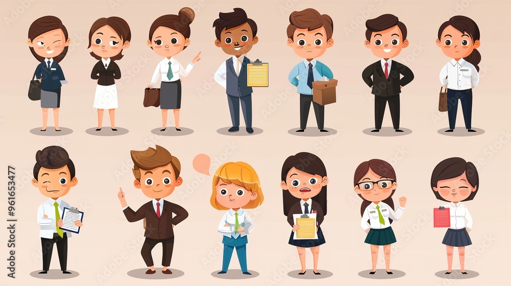 Cartoon business white - collar worker characters are busy in the office. They are wearing formal suits and ties, with briefcases in their hands. They are discussing work matters, showing professional Cartoon business white - collar worker characters are busy in the office. They are wearing formal suits and ties, with briefcases in their hands. They are discussing work matters, showing professional