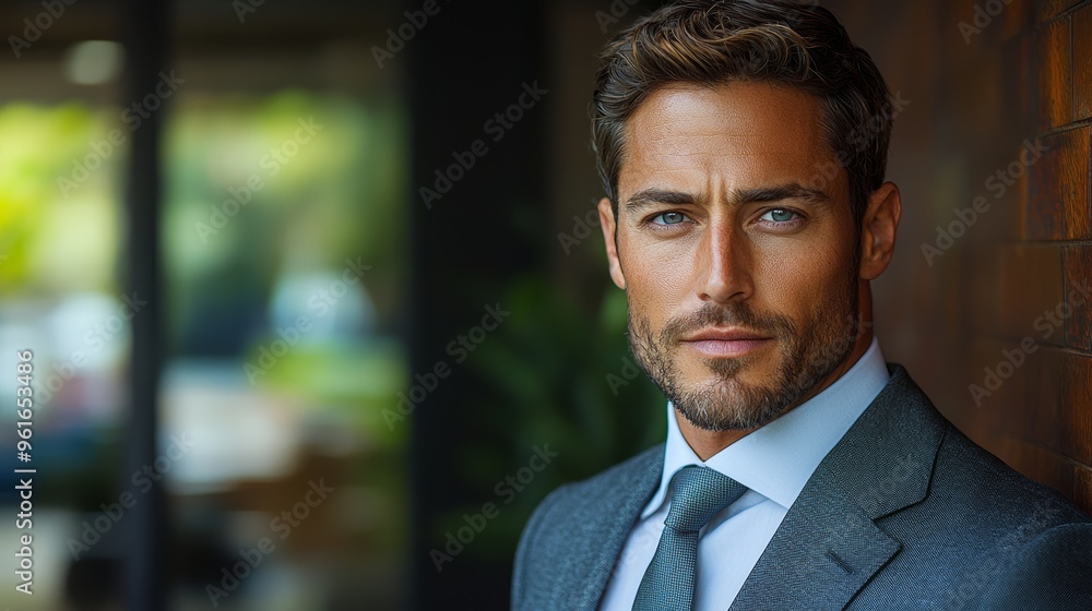 Stylish man in a suit poses confidently indoors with soft lighting and modern background elements during a daytime setting Stylish man in a suit poses confidently indoors with soft lighting and modern background elements during a daytime setting
