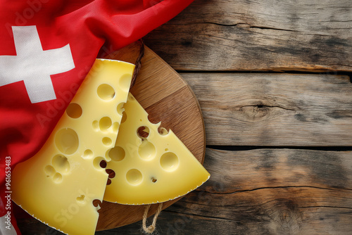 Wallpaper Mural Table with board of various regional Swiss cheese and flag of Switzerland. Delicious looking cheeses on a wooden table. Torontodigital.ca