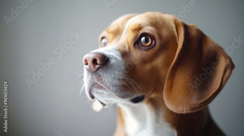 A close-up of a beagle's face, showcasing its expressive eyes and attentive demeanor.