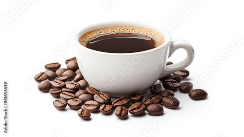 White mug of coffee and coffee beans isolated in a white background.