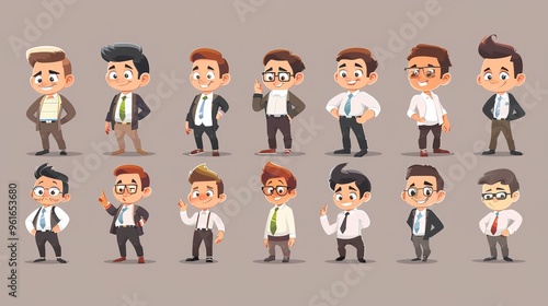 Cartoon business white - collar worker characters are busy in the office. They are wearing formal suits and ties, with briefcases in their hands. They are discussing work matters, showing professional photo