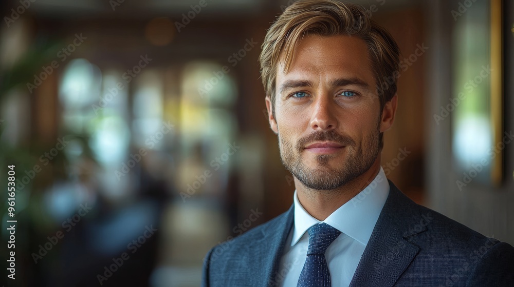 Confident man in a tailored suit smiles in a modern office setting during the afternoon Confident man in a tailored suit smiles in a modern office setting during the afternoon