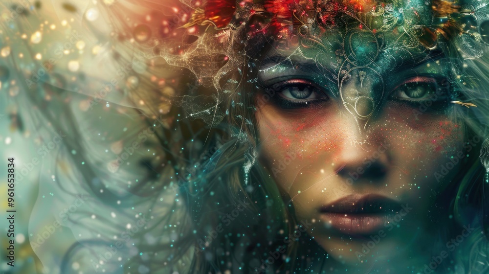 Woman with sparkling eyes and floral details. Woman with sparkling eyes and floral details.