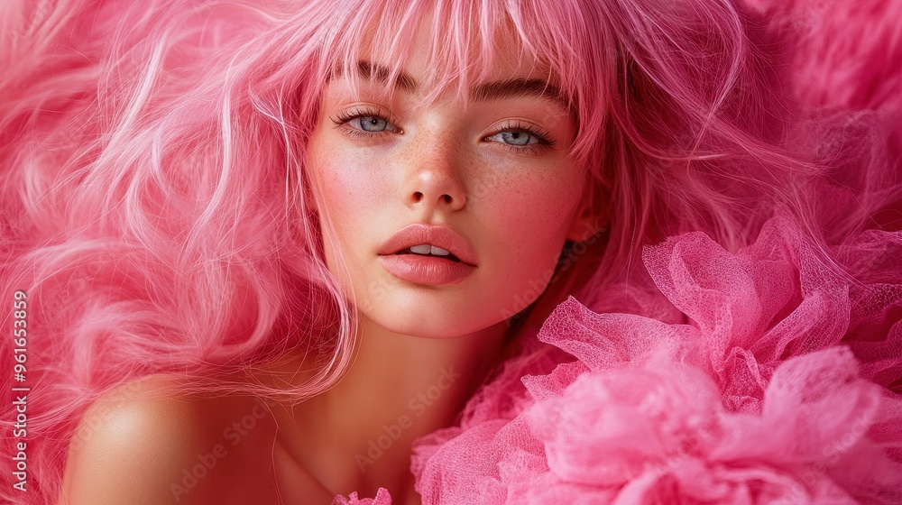 Stylish young woman with flowing pink hair and porcelain skin, posing against a vibrant pink backdrop, wearing a pink ruffled dress, her expression is soft and captivating Stylish young woman with flowing pink hair and porcelain skin, posing against a vibrant pink backdrop, wearing a pink ruffled dress, her expression is soft and captivating