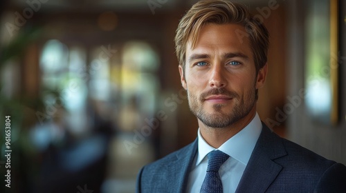 Confident man in a tailored suit smiles in a modern office setting during the afternoon