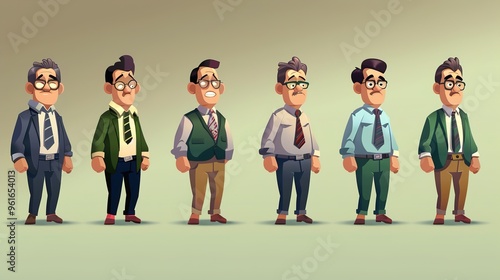 Cartoon business white - collar worker characters are busy in the office. They are wearing formal suits and ties, with briefcases in their hands. They are discussing work matters, showing professional photo