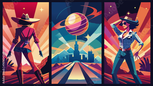 Woman in a cowboy hat poses with a planet in an entertaining act