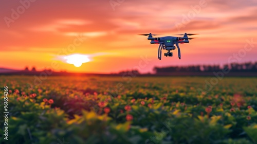 A drone hovers above vast green fields as the sun sets, casting a warm, colorful glow across the landscape. The image captures the advanced technology of agriculture in a serene rural setting