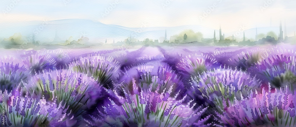 Obraz premium A painting of a lavender field with trees and hills in the background