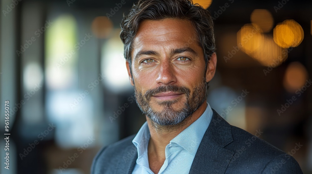 Confident man with gray hair poses in a stylish suit indoors during golden hour, showcasing a warm smile and relaxed demeanor Confident man with gray hair poses in a stylish suit indoors during golden hour, showcasing a warm smile and relaxed demeanor